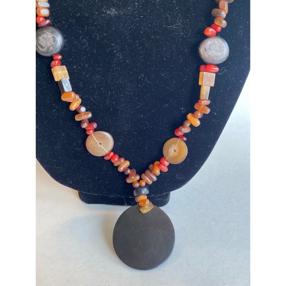 Multicolored African Copal Amber Beaded Necklace Large Circular Pendant Tribal
